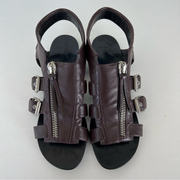 GIUSEPPE ZANOTTI Gladiator Burgundy Leather Buckle Strap Flats Sandals Sz 40 - Picture 2 of 13